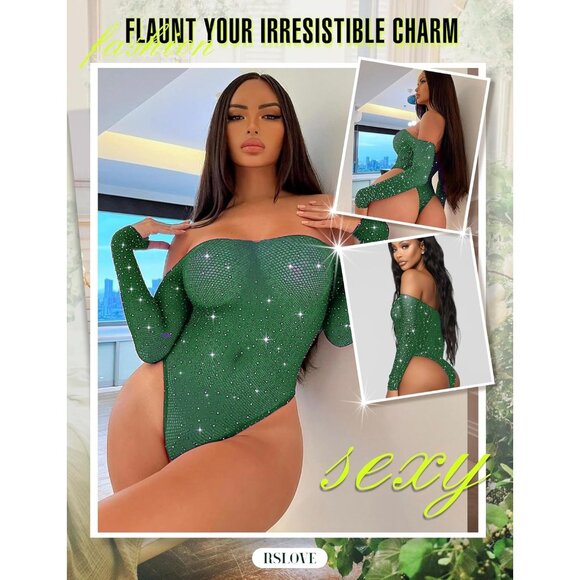 Women Green Lingerie Fishnet Teddy Sparkle Rhinestone One Piece Mesh Bodysuit - Picture 4 of 4